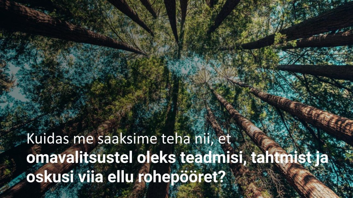 Rohujuuretasandilt võetud kaader mändidest, pildil tekst: Kuidas me saame teha nii, et omavalitsustel oleks teadmisi, tahtmist ja oskusi viia ellu rohepööret?