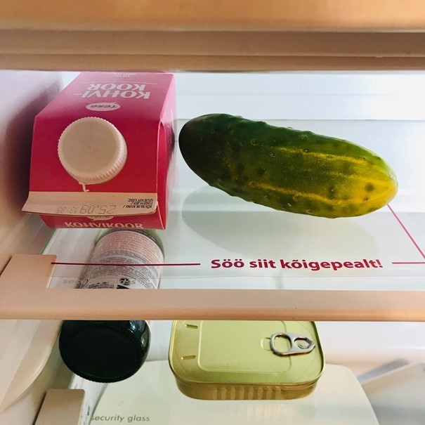 Pilt targa külmiku sisust, nähtaval kohal riiulil piim ja värske kurk
